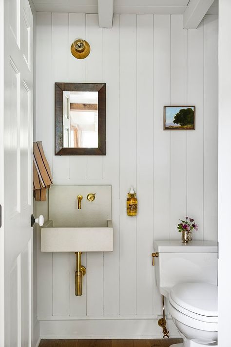 Eclectic Coastal, White Bathroom Ideas, Timber Frame House, Family Room Colors, Built In Bunks, Cottage Bathroom, Powder Room Small, Frame House, Downstairs Bathroom