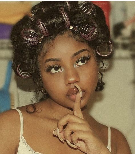 Hair rollers y2k 90’s style hairstyles black girl black woman clean cute nails pink Aa Culture, Vintage Americana Coquette, Americana Coquette, Hairstyles Design, Black Empowerment, Dream Aesthetic, Black Photography, Black Femininity, Vintage Americana