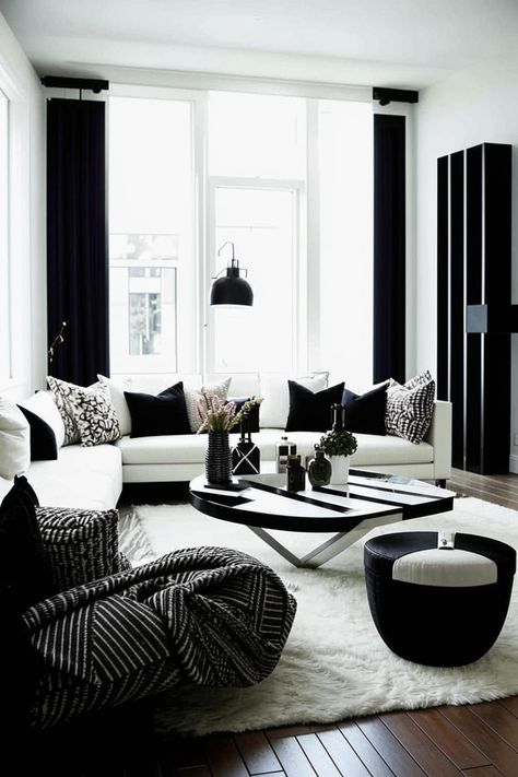 Elevate your living room with timeless elegance. Explore stunning black and white decor ideas, from bold statement pieces to subtle accents. Discover inspiration for a chic and sophisticated space thats both modern and classic. Black And White Living Room Decor Modern Interior Design, Black And White Home Aesthetic, Magic Living Room, Black And White Decor Ideas, White Living Room Set, Modern Living Room Black, Black And White Living Room Decor, Frameless Wall Mirror, Entrance Living Room