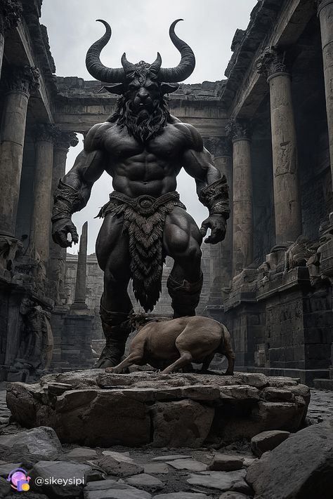 Step into the labyrinth with this awe-inspiring depiction of the Minotaur. Crafted by Stable Diffusion, this image captures the essence of one of mythology's most formidable creatures, guarding the secrets of ancient ruins with a fierce gaze. Perfect for adding a touch of mystery and power to your collection. #LabyrinthGuardian #MythicalCreatures #PowerfulArt Greek Creatures Tattoo, Mythology Sketches, Minotaur Tattoo, Minotaur Labyrinth, Minotaur Art, Mythical Gods, Greek Mythical Creatures, Mystical Creatures Mythology, Greek Mythological Creatures