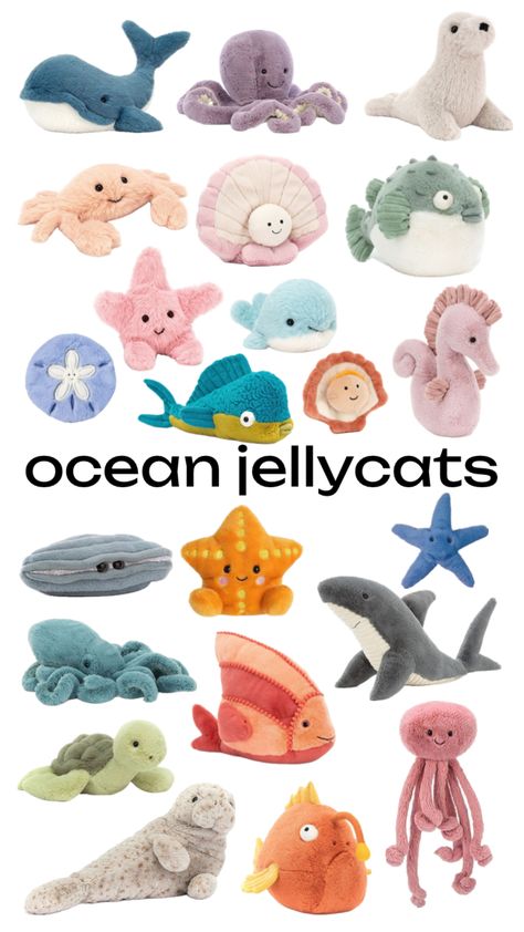 #jellycat #jellycats #jellycatwishlist #jellycatstuffedanimals #jellycatsforlifeee #stuffedanimals #aesthetic #oceanaesthetic #summer #summeraesthetic Coastal Room Decor, Ocean Room Decor, Beachy Room Decor, Beach Room Decor, Jellycat Stuffed Animals, Cute Squishies, Cute Gifts For Friends, Cute Birthday Gift, Room Deco