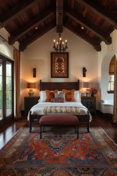 Modern Lodge Aesthetic, Spanish Bedroom Design, Modern Indian Interior Design, Spanish Interior Design Bedroom, Bedroom Interior Design Indian, Bedroom Indian Style, Modern Spanish Interior Design, Modern Spanish Decor, Spanish Bedroom