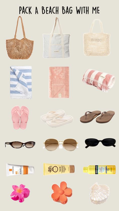 Sunscreen, sunglasses, claw clip, towel, beach bag, beach day Beach Bag Essentials Packing Lists, Beach Bag Ideas, Beach Bag Essentials, Packing Essentials List, Packing Lists, Bag Essentials, Towel Beach, Bag Ideas, Essential Bag