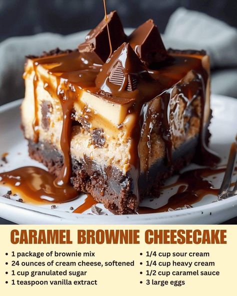 Caramel Brownie Cheesecake, Brownie Cheesecake Recipe, Cheesecake Caramel, Brownie Cheesecake, Easy Caramel, Fudgy Brownie, Vanilla Cheesecake, Caramel Brownies, Cheesecake Desserts