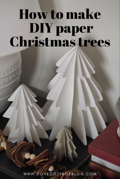 How to make DIY paper christmas trees - simple budget friendly tutorial for creating scandi-style christmas decor. Easy christmas craft idea #christmasdecor #christmastree #christmascraft Very Easy Christmas Crafts, Cute Simple Christmas Decor, Christmas Decoration Tutorial, White Paper Christmas Tree, Simple Paper Christmas Decorations, Christmas Budget Decor, Scandi Xmas Decor, Diy Christmas Tree Decorations Paper, Paper Tree Decorations Christmas