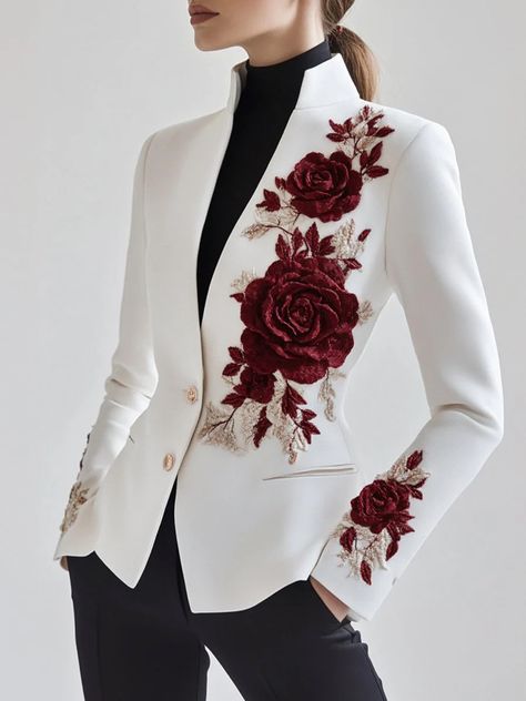 Red Rose Embroidery, Women Suits Wedding, Ombre Prom Dresses, Smart Casual Wear, Unique Jackets, Office Wear Women, Blazer Designs, Rose Embroidery, Fashion Sewing Pattern