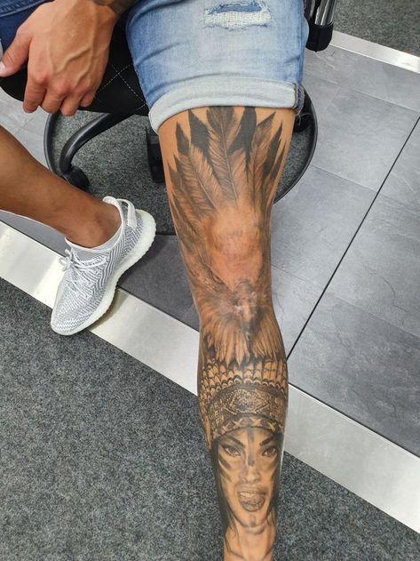 Leg Tattoo Inspiration Men, Front Calf Tattoo Men, Tato Leg Men, Men Shin Tattoo Ideas, Leg Sleeve Ideas Men, Knee Tattoo Men Ideas, Mens Shin Tattoo, Men’s Knee Tattoo, Men’s Calf Tattoo