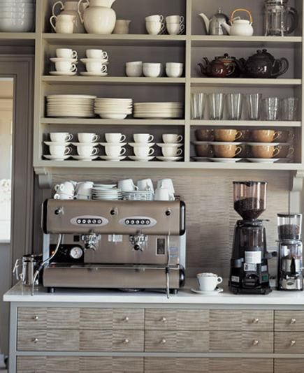 Martha Stewart's coffee center. Shelving In Kitchen, Martha Stewart Kitchen, Серая Кухня, Home Coffee Bar, Open Kitchen Shelves, Butler's Pantry, Grey Kitchens, Küchen Design, 인테리어 디자인