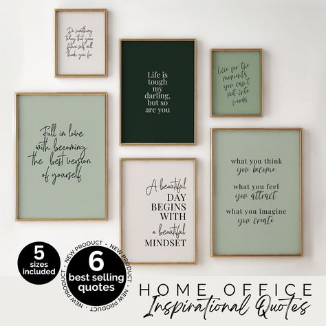 Green Office Decor, Inspirational Quote Posters, Motivational Office Wall Decor Bundle, Sage Green Wall Art Prints, Gallery Wall Set of 6 - Etsy Green And Blue Office Decor, Office Ideas For Work Business Decor, Boho Office Space Workspaces, Sage Green Office, Mint Green Office, Green Office Decor, Motivational Office Wall, Inspirational Quote Posters, Decorating Your Office At Work