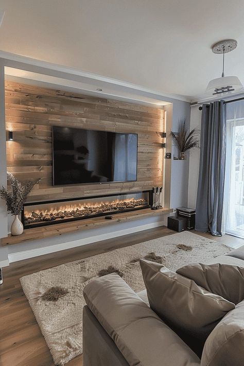 Living Room Renovation Ideas Before After, Living Room Ideas Flat, Wooden Accent Wall Fireplace, Media Wall Mantle, Wooden Panel Media Wall, Tv Entertainment Wall With Fireplace, Beach House Fireplace Ideas Modern, Media Wall Slats, Modern Built In Media Wall