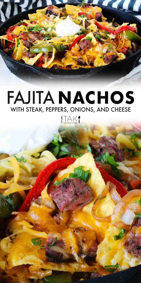 Steak Fajita Nachos, Fajita Nachos Recipe, Fajita Nachos, Steak Peppers, Steak Nachos, Mexican Food Recipes Appetizers, Homemade Nachos, Nachos Recipe Easy, Marinated Flank Steak