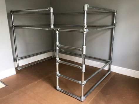 Scaffolding pipe loft bed, basic frame Parts from The Metal Store and built to take a small double mattress - more pics to follow Metal Loft Bed Ideas For Small Rooms, Pipe Bed Frame, Loft Bed Ideas For Small Rooms, Pipe Bed, Micro House Plans, Mezzanine Bed, Tiny Bedroom Design, Metal Store, Industrial Pipe Furniture