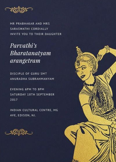 Bharatanatyam arangetram invitation Arangetram Invitations Design, Arangetram Invitation, Bharatanatyam Arangetram, Dance Invitation, Bharatanatyam Costume, Online Invitation Card, Dance Of India, Cultural Dance, Brand Launch