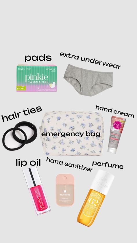 what to pack in ur emergency bag!! creds to @notcora13 Tied Hands, Emergency Bag, Lip Glow, Emergency Kit, What To Pack, Small Hands, Lip Oil, Hand Cream, Hand Sanitizer