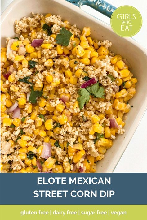 This recipe turns this Mexican street corn into a tasty and a healthy inspired dip made with corn, red onion, and jalapeno for a kick. Serve the dip with crackers or tortilla chips and make it from fresh, frozen, or grilled corn! Dairy free, gluten free, sugar free, vegetarian, vegan. Dairy Free Street Corn, Vegan Street Corn Dip, Mexican Street Corn Dairy Free, Vegan Mexican Street Corn Salad, Healthy Mexican Street Corn, Black Bean Avocado Salad, Clean Eating Appetizers, Clean Eating Side Dishes, Street Corn Dip