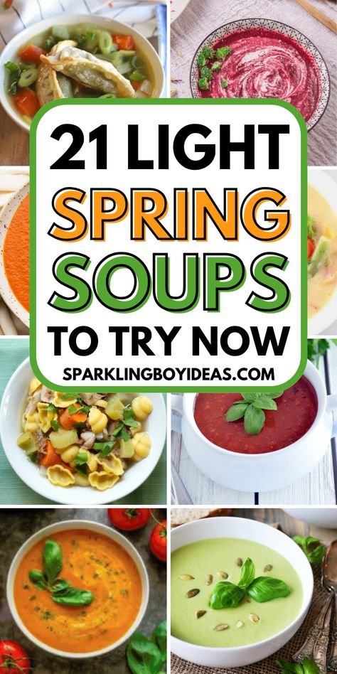 Indulge in the flavors of the season with our spring soup recipes! From light vegetable broths to creamy asparagus and vibrant pea and mint soups, we have light soup recipes for everyone. Discover easy, healthy easter soup recipes like detox soups and fresh herb-infused broths. Whether you're looking for vegan soup recipes or hearty chicken and lentil soups, our quick and simple cold soup recipes are ideal for any spring day. Try these low-calorie soups that celebrate the season's bounty. Spring Soups Healthy, Spring Time Soup, Spring Soup Ideas, Easy Light Soup Recipes, Spring Soups Recipes, Light Soups For Summer, Easter Soup Recipes, Spring Soup Recipes Healthy, Light Soups Healthy