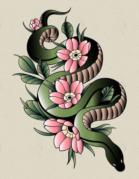 Snake In The Grass Tattoo, Japanese Cobra Tattoo Design, Green Snake Tattoo, Ornamental Snake, Snake With Flowers Tattoo, Traditional Cactus, Snake With Flowers, Snake And Flowers Tattoo, Traditional Snake Tattoo