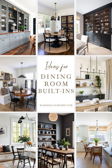 Let's break down all the types of dining room built-ins and if they're right for your space.  Besides adding beauty and storage, a benefit to dining room built-ins is getting rid of a big empty wall that is so common in builder-grade homes these days.  Extra cabinets and window seats in a dining room or breakfast nook are great, but won’t work for every space. How can you figure out if they’re right for your room? Kitchens With Dining Area, Built In Breakfast Nook With Storage, Dining Room Built In Buffet Under Window, Dining Room Built In Styling, Built In Cabinetry Dining Room, Dining Room Closet Ideas Built Ins, Built In Bookshelves In Dining Room, What To Do Instead Of Formal Dining Room, Dining Room Bookshelves Built Ins