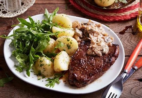 A quick and easy steak dinner to feed the family, so you can finally put your feet up. Rump Steak Recipes, Steak With Mushroom Sauce, Easy Steak Dinner, Mushroom Sauce Steak, Baby Potato Recipes, Beef Rump, Beef Flank Steak, Mushroom Sauce Recipe, Rump Steak