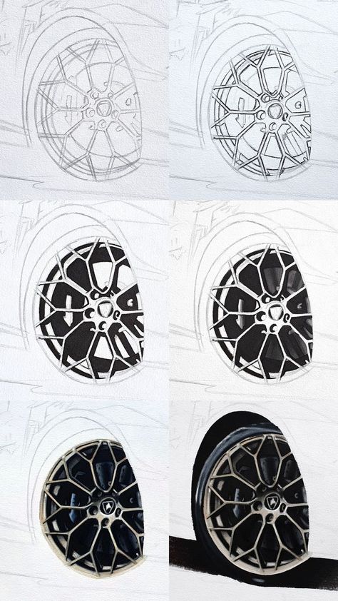 Step 1: Sketch the outline of the wheel and make sure the proportions are correct.

Step 2: Outline every black part with a black fineliner or pencil.

Step 3: Fill in the outlined parts with a black alcohol marker.

Step 4: Color the brake caliper and brake disk with alcohol markers. It doesn't have to look blended yet.

Step 5: Color everything with colored pencils. Start with the dark parts and then the rim and the spokes.

Step 6: Color the ... Car Drawing Pencil, Sketch Outline, Art Of Drawing, Airplane Drawing, Drawing Scenery, Color Wheels, Pen Art Work, Drawing Realistic, Iron Man Art