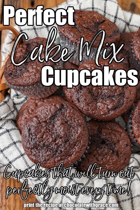 Best Cupcakes from Cake Mix Best Chocolate Cupcakes Box Cake Mixes, Best Cupcakes From A Box Cake Mixes, Brownie Cupcakes From Mix Boxes, Cake Mix Cupcakes Doctored, Recipe Using Chocolate Cake Mix, Chocolate Box Cake, Moist Chocolate Cupcakes, Cake Mix Cupcakes, Cake Mix Muffins