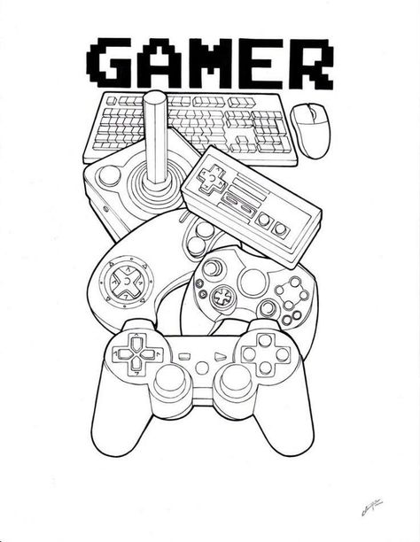 Gaming Drawing, Gamer Tattoos, Rose Outline, American Graffiti, Gaming Tattoo, Outline Designs, White Drawing, Game Controllers, Tattoo Outline