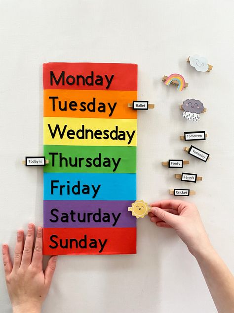 Days of The Week Peg Board Days Of The Week Activities, Kindergarten Drawing, Diy Preschool, English Activities For Kids, Find My Phone, Fun Classroom Activities, Classroom Calendar, Kids Schedule, Teaching Toddlers