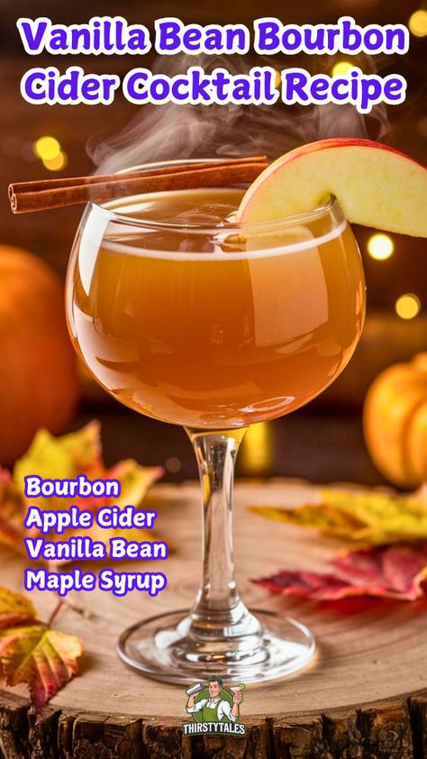 "Discover the delightful Vanilla Bean Bourbon Cider Cocktail Recipe, perfect for your holiday gatherings! This easy-to-make shrub cocktail combines rich bourbon with spiced apple cider and a hint of vanilla bean, creating a festive drink that will impress your guests. Ideal for Christmas cocktail recipes, holiday party drinks, and whisky cocktail recipes, this recipe is a must-try for anyone seeking a delicious addition to their Christmas cocktails!" Vanilla Cocktail, Christmas Cocktail Recipes, Whisky Cocktail Recipes, Cider Cocktail Recipes, Bourbon Cider, Bourbon Apple Cider, Holiday Party Drinks, Cider Cocktail, Bourbon Cocktail Recipe