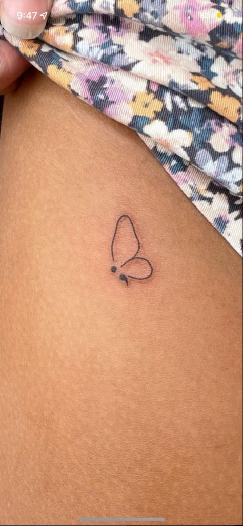 Cute Minimilastic Tattoos, Tiny Tattoo With Meaning, Tatoos Meaningful Mental Health, Color Bone Tattoos For Women Unique, Passed Mom Tattoos, Minimalist Butterfly Semicolon Tattoo, Dainty Butterfly Semicolon Tattoo, Butterfly Tattoo Over Scar, Tiny Girly Tattoos