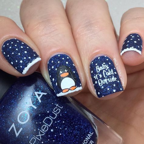 Baby It's Cold Outside Penguin Nails Short Penguin Nails, Pink Penguin Nails, Christmas Nails With Penguins, Winter Penguin Nails, Christmas Nails Penguin Winter, Penguin Nails, Nail Art Box, Holiday Themed Nails, Nail Art Images