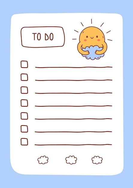 Kawaii Sun, To Do Lists Aesthetic, Cute Daily Planner, Free Planner Templates, To Do List Template, To Do Planner, Note Writing Paper, To Do Lists Printable, Images Kawaii