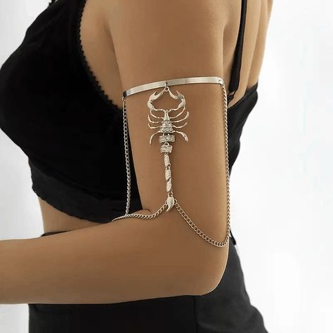 Trendy Chic Eye Catching Scorpion & Chain Diamond Decor Arm Cuff - Simulated Diamonds - Size: See Photo - Adjustable Harajuku Necklace, Gold Arm Cuff, Diamond Decor, Upper Arm Cuff, Arm Bangles, Upper Arm Cuffs, Chain Diamond, Diamond Decorations, Arm Jewelry