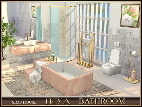 The Sims Resource - BATHROOM FREYA Sims 4 Cc Pink Bathroom, Sims 4 Cc Bathroom Furniture Ideas, Sims Bathroom Ideas, Sims4 Cc Furniture Bathroom, Ts4 Cc Bathroom, Sims 4 Shower Cc, The Sims 4 Bathroom, Palace Bathroom, Expensive Bathrooms