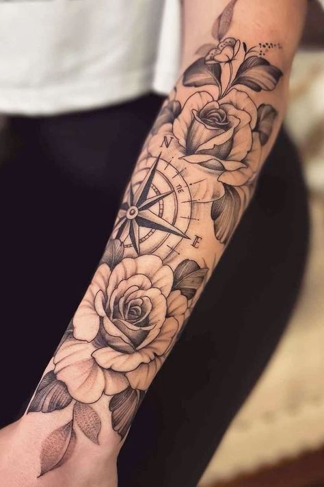 Womens Compass Tattoo Sleeve, Human Heart Flower Tattoo, Compass Flower Tattoo Half Sleeves, Compass Tattoo Feminine Half Sleeves, Compass Tattoo Feminine Forearm, Time Machine Tattoo, Nautical Tattoo Sleeve For Women, Arm Flower Tattoo, Side Piece Tattoos