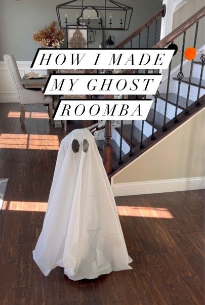 Diy Roomba Ghost, Roomba Halloween Costume, Tomatoe Cage Ghost Diy, Roomba Ghost Diy, How To Make A Ghost Costume, Roomba Costumes, Roomba Decoration, Roomba Ghost, Courtney Hamilton