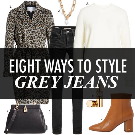 Grey Leopard Jeans, What To Wear With Light Grey Jeans, How To Style Charcoal Jeans, What To Wear With Gray Jeans Outfits, Gray Chino Pants Outfit Women, Light Grey Jeans Outfit Winter, Gray Wash Jeans Outfit, Styling Gray Jeans, Gray Flare Jeans Outfit