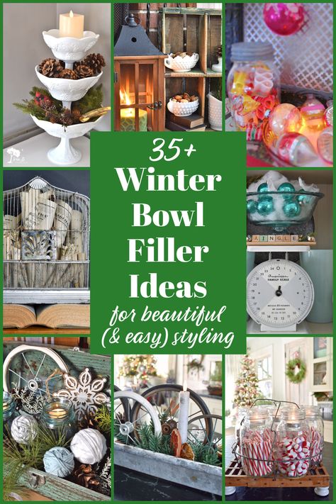 Winter bowl filler ideas to make your decorating easy and beautiful. Everything from candy to natural items can be used as decor. Winter Bowl Filler Ideas, Winter Vase Filler Ideas, Large Vase Filler Ideas, Decorative Bowl Filler Ideas, Christmas Vase Filler Ideas, Bowl Filler Ideas, Glass Vase Filler Ideas, Christmas Bowl Decorations, Diy Bowl Fillers