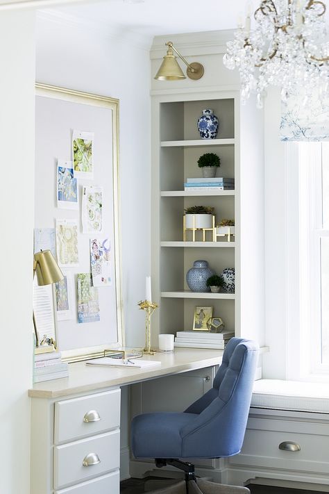 Built In Desk Under Window, Home Office On A Budget, Office On A Budget, Single Home, Entryway Desk, Home Office Library, Home Bunch, Small Home Offices, Revere Pewter