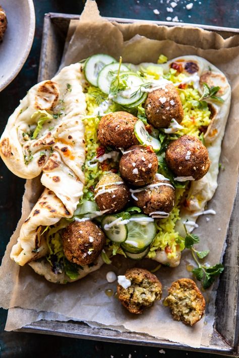 Falafel Naan Wraps with Golden Rice and Special Sauce | halfbakedharvest.com #falafel #wraps #middleeastern #vegan Falafel Wraps, Naan Wraps, Arabisk Mad, Makanan Italia, Golden Rice, Falafels, Special Sauce, Half Baked Harvest, Idee Pasto Sano