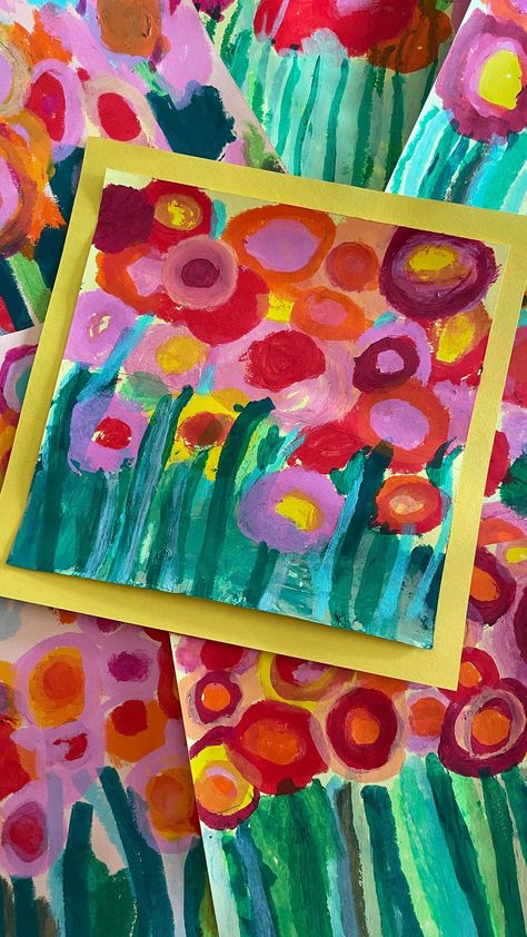 Painted Paper Art | Laura Lohmann | Monet’s Garden Path. Chalk and tempera paint. 3rd grade artists created these beauties. #paintedpaperartlessons #arthistoryforkids #kidsart | Instagram Monet Kids Art Projects, Watercolor Art Projects For Kids, Kids Flower Craft, Prek Art Activities, Square 1 Art Ideas, 3rd Grade Crafts, Easy Preschool Art, Kids Spring Art, School Painting Ideas