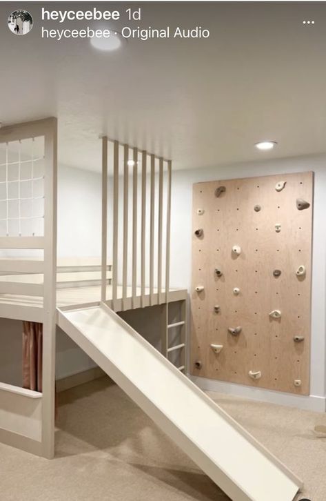 Kids Loft With Slide, Simple Indoor Slide, Mezzanine Play Area, 2 Level Playroom, Playroom Loft With Slide, Playroom Bunk Beds, Indoor Play Loft, Diy Play Loft, Two Story Playroom