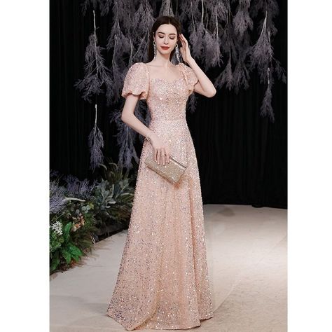 none Delicate Gown, Dress Square Neck, Dress With Short Sleeves, Dress Women Elegant, Women's Evening Dresses, Prom Dresses Long With Sleeves, Pink Sequin, Prom Party, Party Gowns