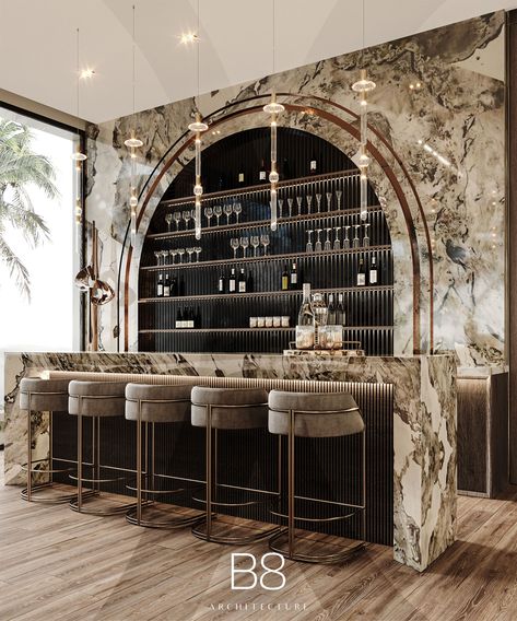 Noor Villa / Interior Design - B8 Architecture and Design Studio Modern Home Bar Designs Luxury, Modern Bar Ideas, Home Bar Designs Luxury, Bar Area Design, Decorations Drawing, Luxury Bar Design, 2023 Home Interior, Modern Home Bar Designs, B8 Architecture