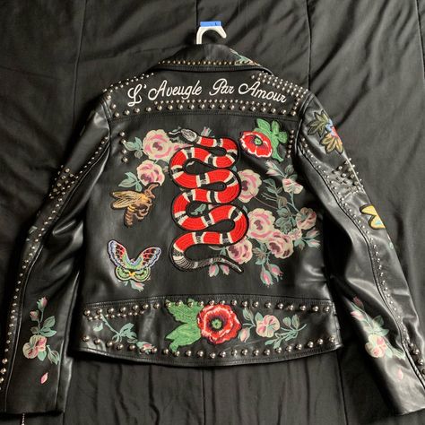 Black Pu Leather Jacket With Studs!!! It Has Many Patches On The Front And Back Of Jacket. Very Fun Piece!!! Never Worn Patches On Leather Jacket, Bedazzled Leather Jacket, Upcycle Faux Leather Jacket, Art On Jacket, Leather Jacket Upcycle, Patch Jacket Punk, Leather Jacket With Patches, Camo Jacket With Patches, Patches On Jacket