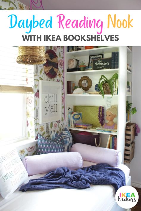 Brimnes Daybed Hack, Daybed Reading Nook, Ikea Daybed Room Ideas, Brimnes Daybed, Ikea Daybed, Daybed Room, Cozy Window Seat, Billy Bookcases, Ikea Bookshelves