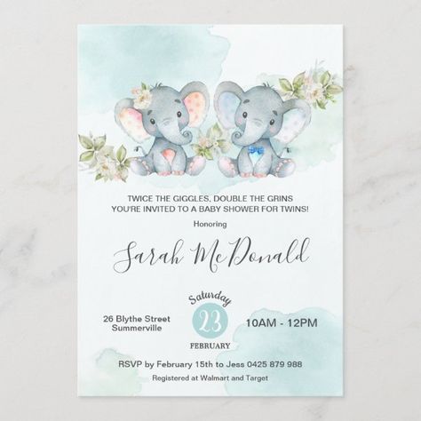 Modern Greenery Elephant Green Gold Baby Shower Invitation Twin Boy And Girl Baby Shower, Twins Boy, Twins Baby Shower Invitations, Twin Baby Girls, Twins Birthday, Girl Birthday Party Invitations, Boho Baby Shower Invitations, Elephant Baby Shower Invitations, Twins Baby