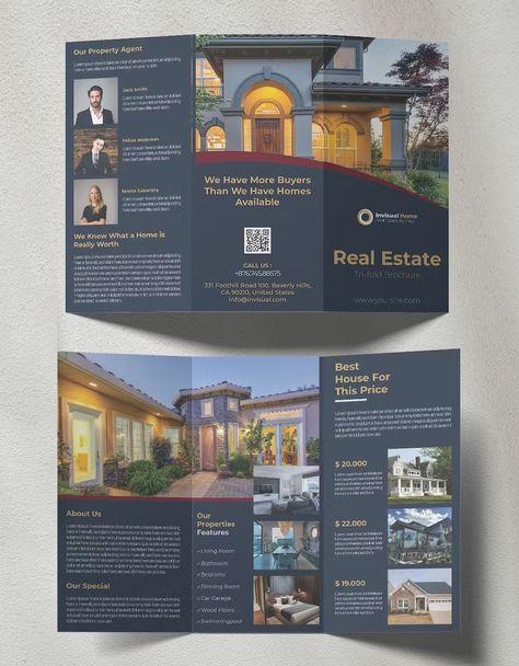 Real Estate Trifold Brochure Template AI, EPS, PSD Real Estate Brochure Design Layout Ideas, Real Estate Trifold Brochure Design, Real Estate Trifold Brochure, Three Fold Brochure Design, Real Estate Brochure Design Layout, Real Estate Brochure Design, House Brochure, Brochure Design Samples, Tri Fold Brochure Design