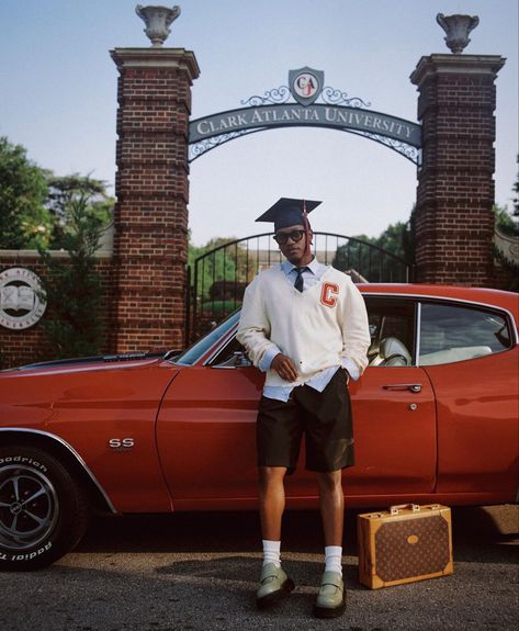 Black Man Graduation Outfit, Black Graduation Pictures Men, Hbcu College Graduation Pictures, Black Power Photoshoot, Clark Atlanta University Photoshoot, Hbcu Graduation Pictures Men, Hbcu Grad Pics, Car Graduation Pictures, Graduation Photoshoot Ideas Men