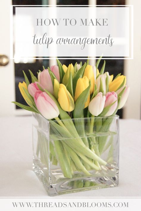 A step by step guide for how to make a tulip arrangement. Making tulip arrangements could not be easier and is the perfect piece to welcome spring! Tulip Arrangements, Tulpen Arrangements, Tulip Arrangement, Fresh Tulips, Tulips Arrangement, Vase Transparent, Flower Vase Arrangements, Tulips In Vase, Flower Arrangements Simple