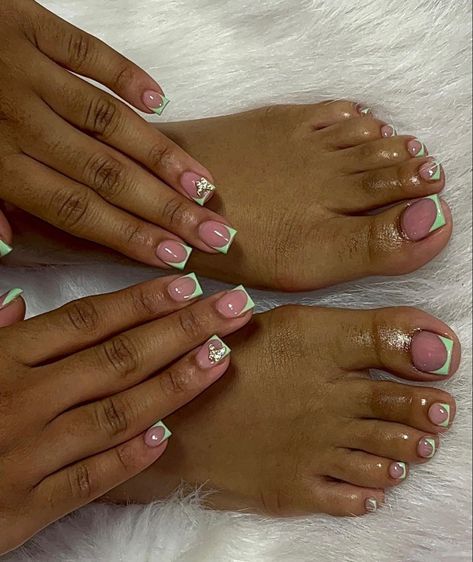 Short Nails And Toes Set, Shorties Nails And Toes Set, Hand And Toes Nails Matching, Lime Green French Tip Toes, Gel Mani Pedi Combos, Stiletto Nail Inspo Summer, Short Nails And Feet Set, Shorties Nails Green, Nail Shop Nails